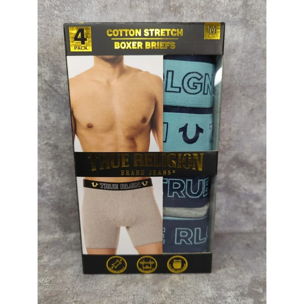 True Religion Men's Medium (32-34) Cotton Stretch Boxer Briefs 4-Pack Multicolor